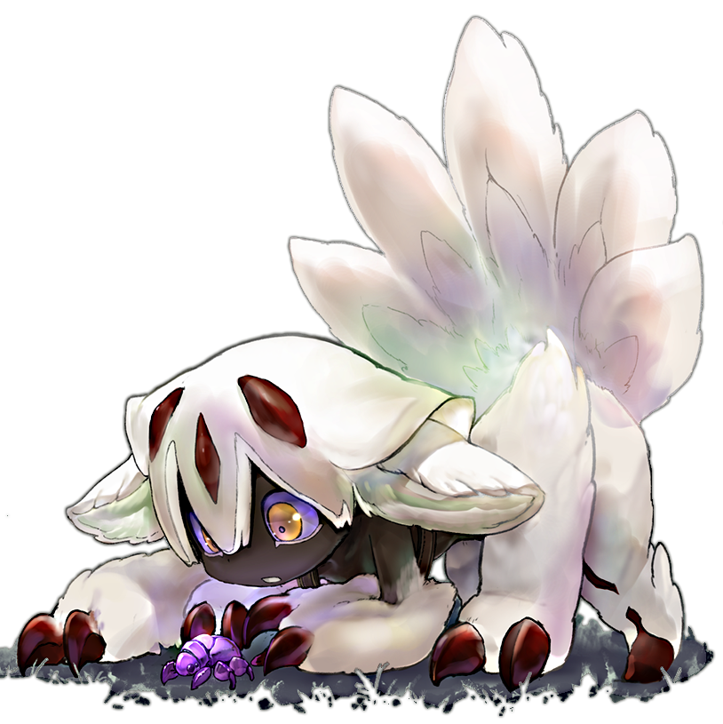 faputa from made in abyss, crouching down to inspect a creature with a curious look on her face, she's very cute